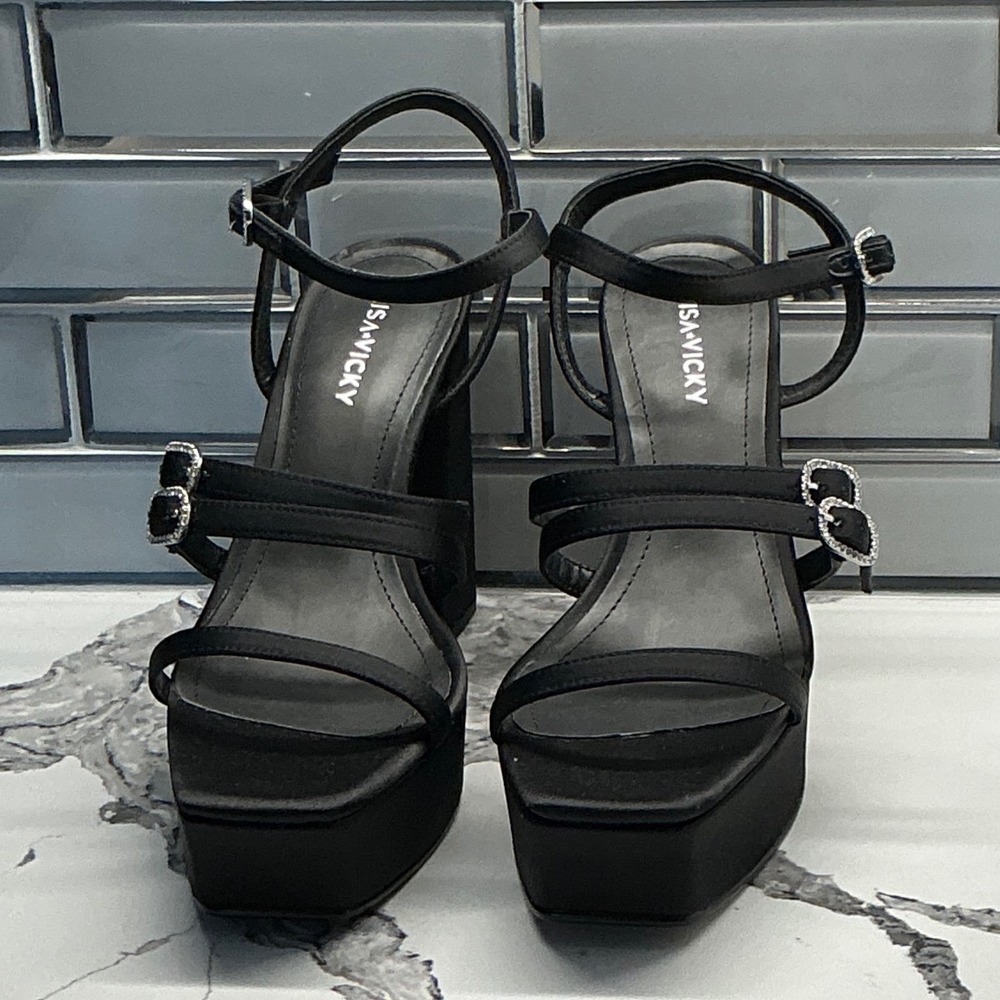 Lisa Vicky Babe-V Black Satin Rhinestone Buckle Platform Block Heels Womens 7.5M